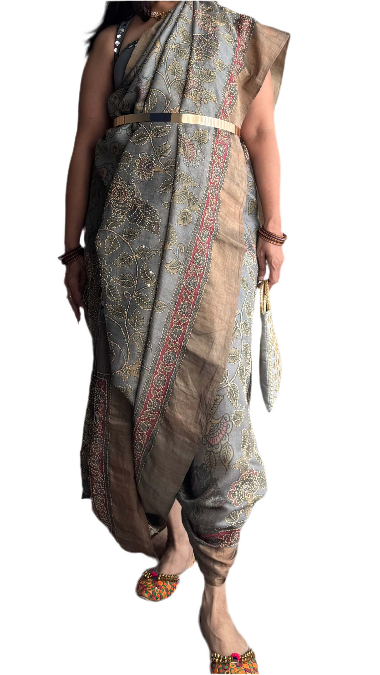 Handwoven pure Tussar Silk Kantha+Kalamkaari Saree
