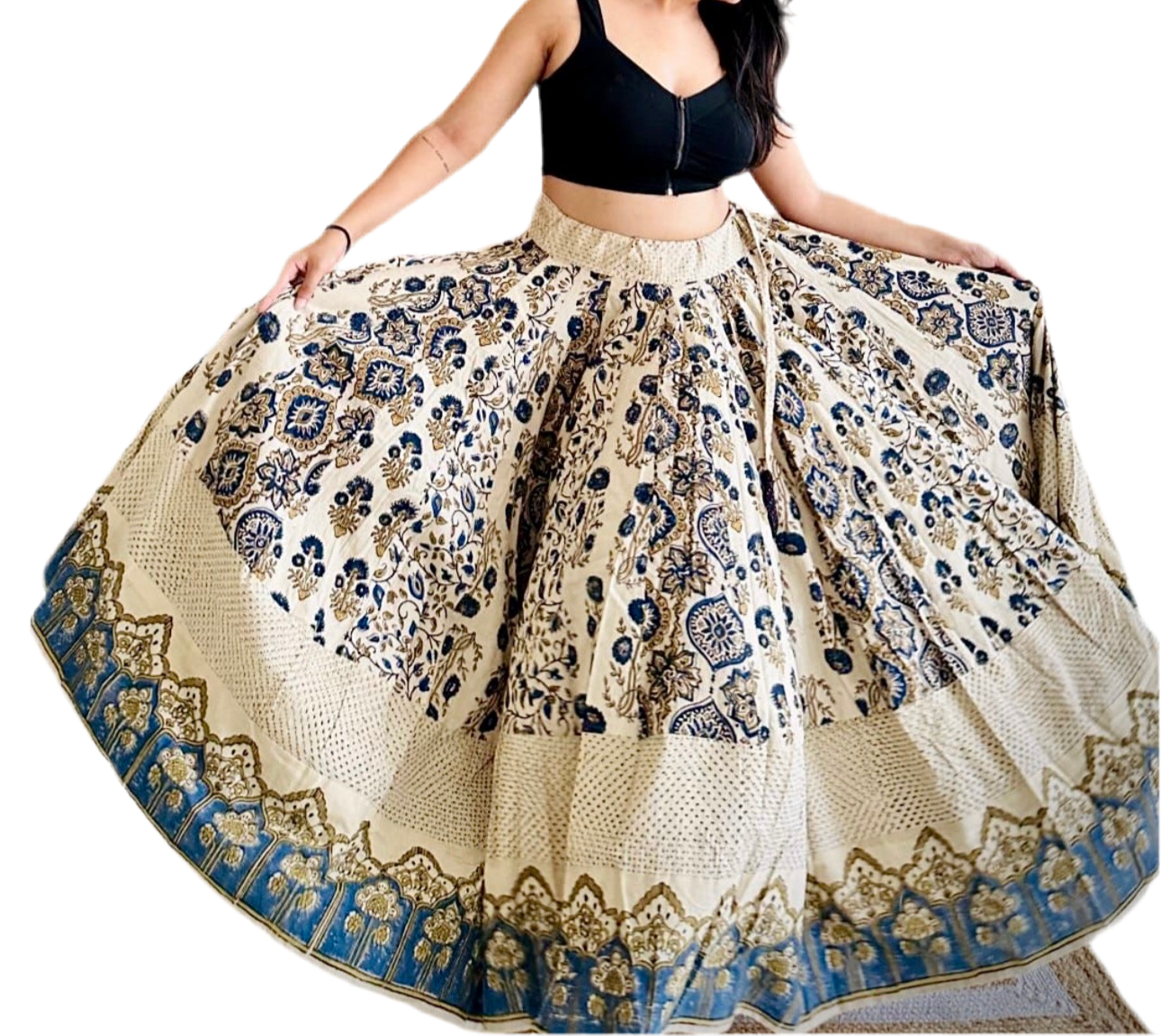 Long maxi Ghera Lehenga Skirts - Cotton Ajrakh handblock