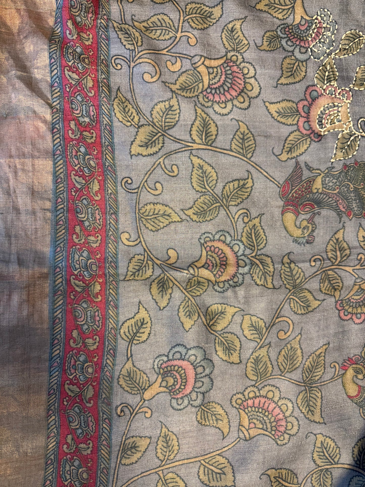 Handwoven pure Tussar Silk Kantha+Kalamkaari Saree