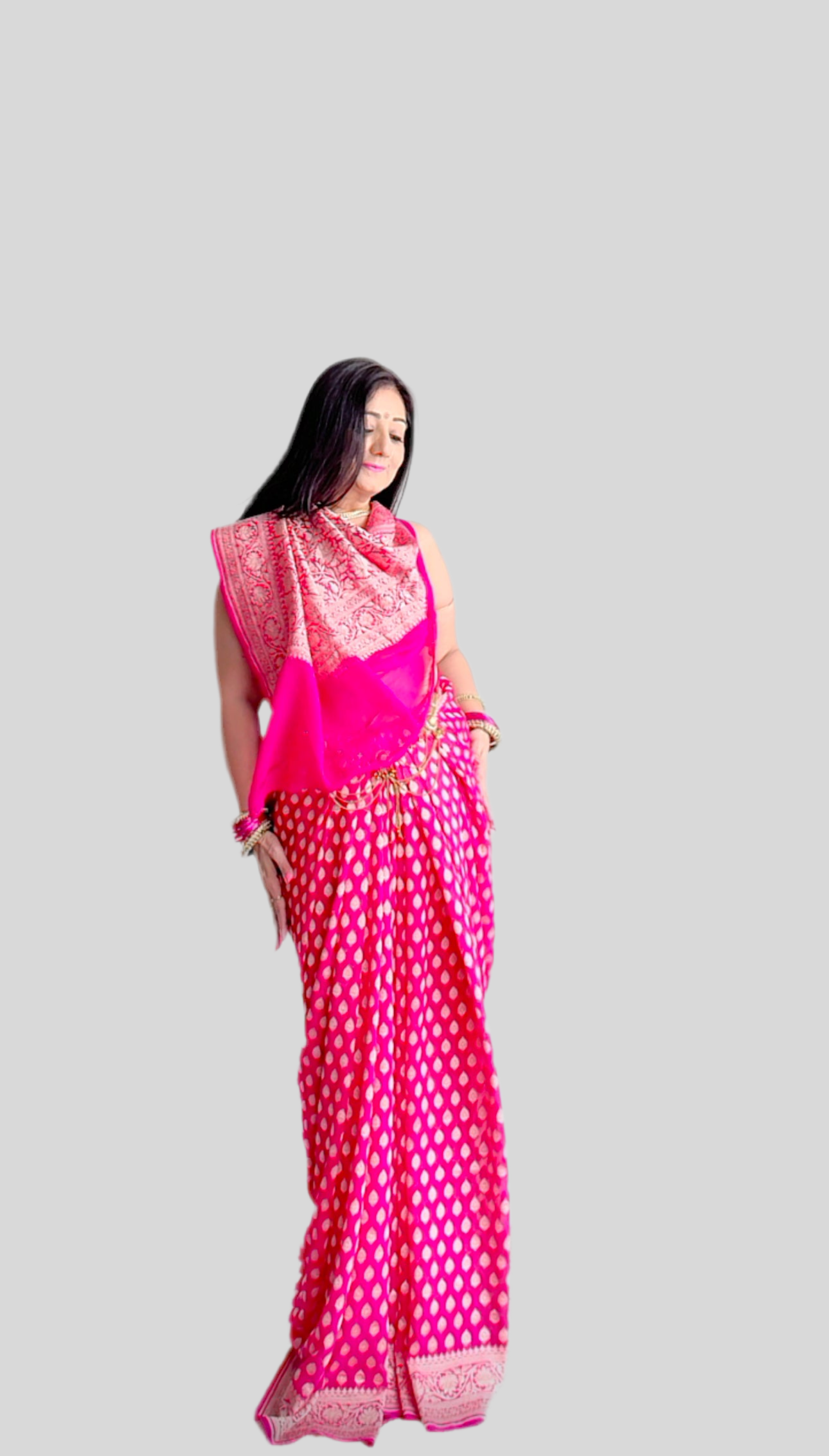 Handwoven pure Banarasi Khaddi Georgette Saree in Hot Pink