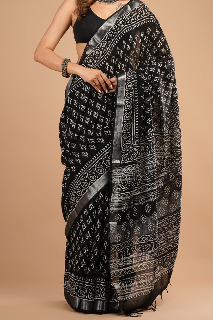 Bagru Handblocked Cotton Slub Black Saree with Natural Dyes