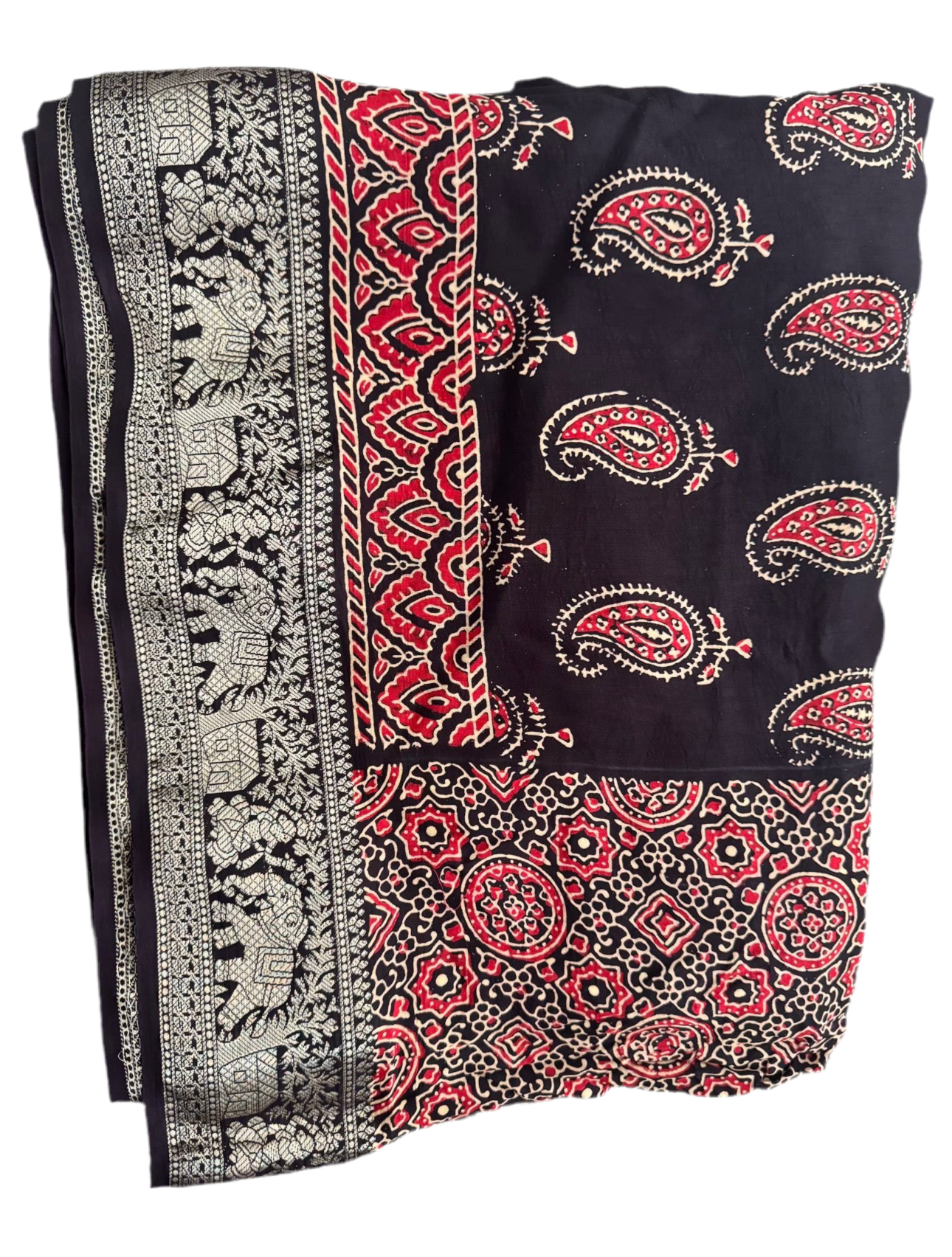 Ajrakh Saree with Zari Pallu - adorned with kairi and haathi motifs