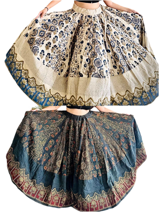 Long maxi Ghera Lehenga Skirts - Cotton Ajrakh handblock