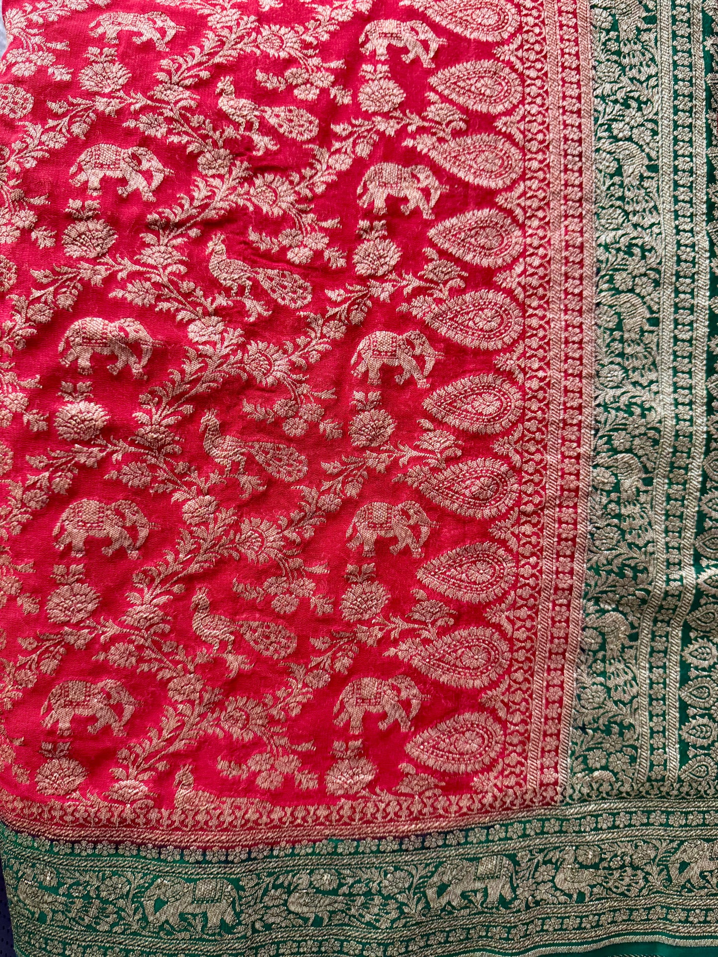 Handwoven pure Banarasi Khaddi Georgette Saree in Red & Green