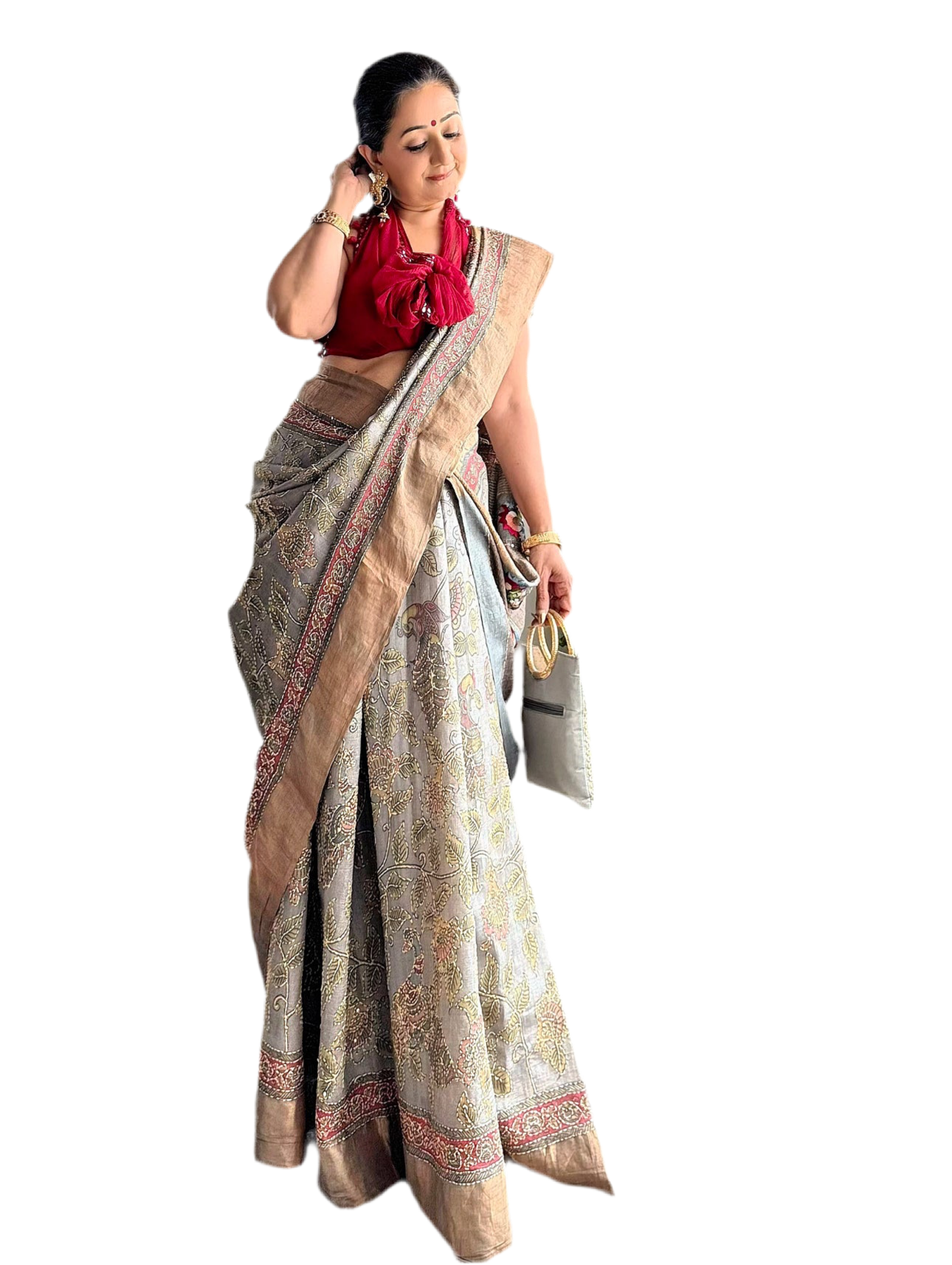 Handwoven pure Tussar Silk Kantha+Kalamkaari Saree