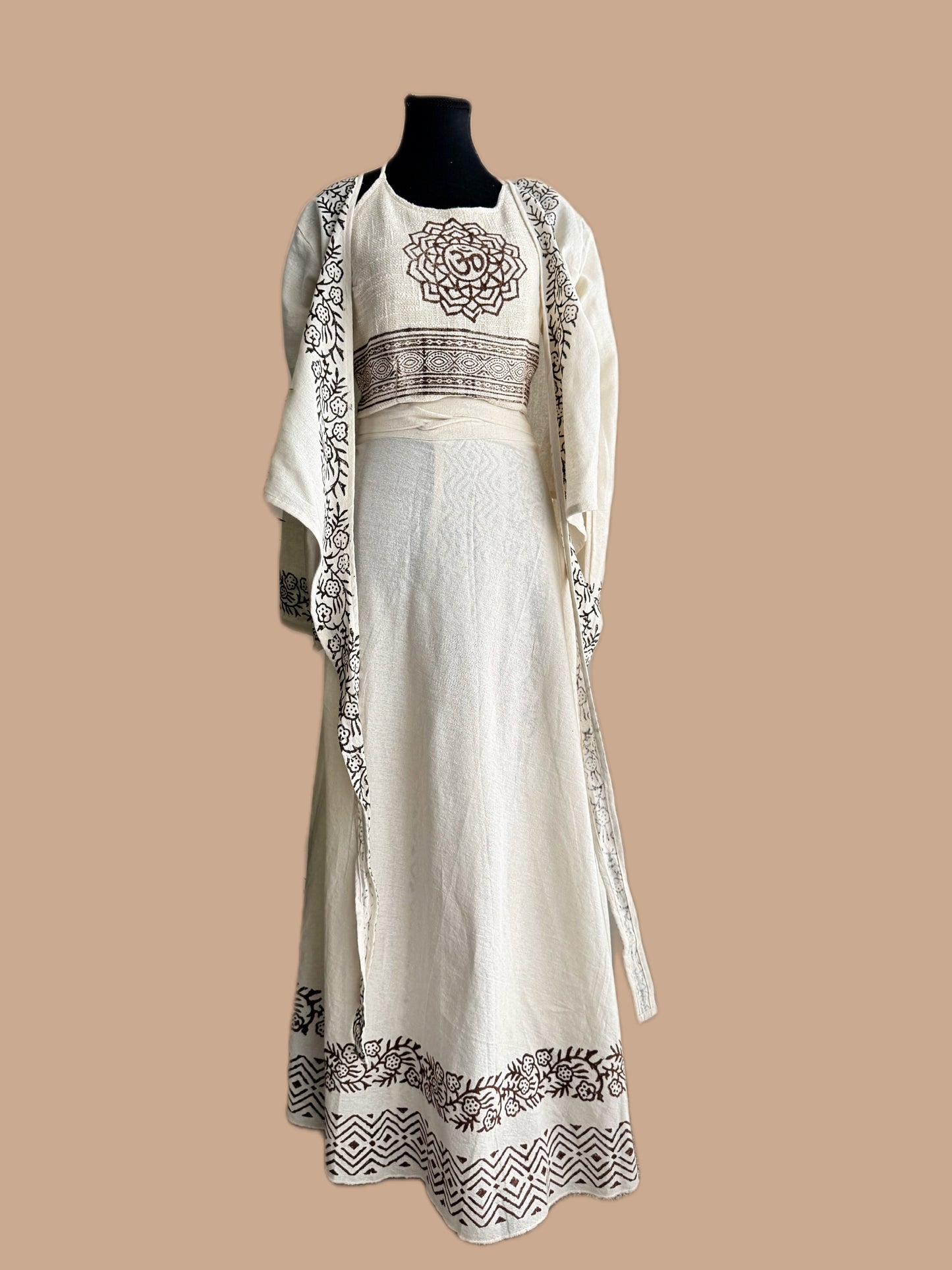 Tarangini Hand-Block Wrap Top with Umbrella Sleeves in Warm Ivory (Cotton Flax)