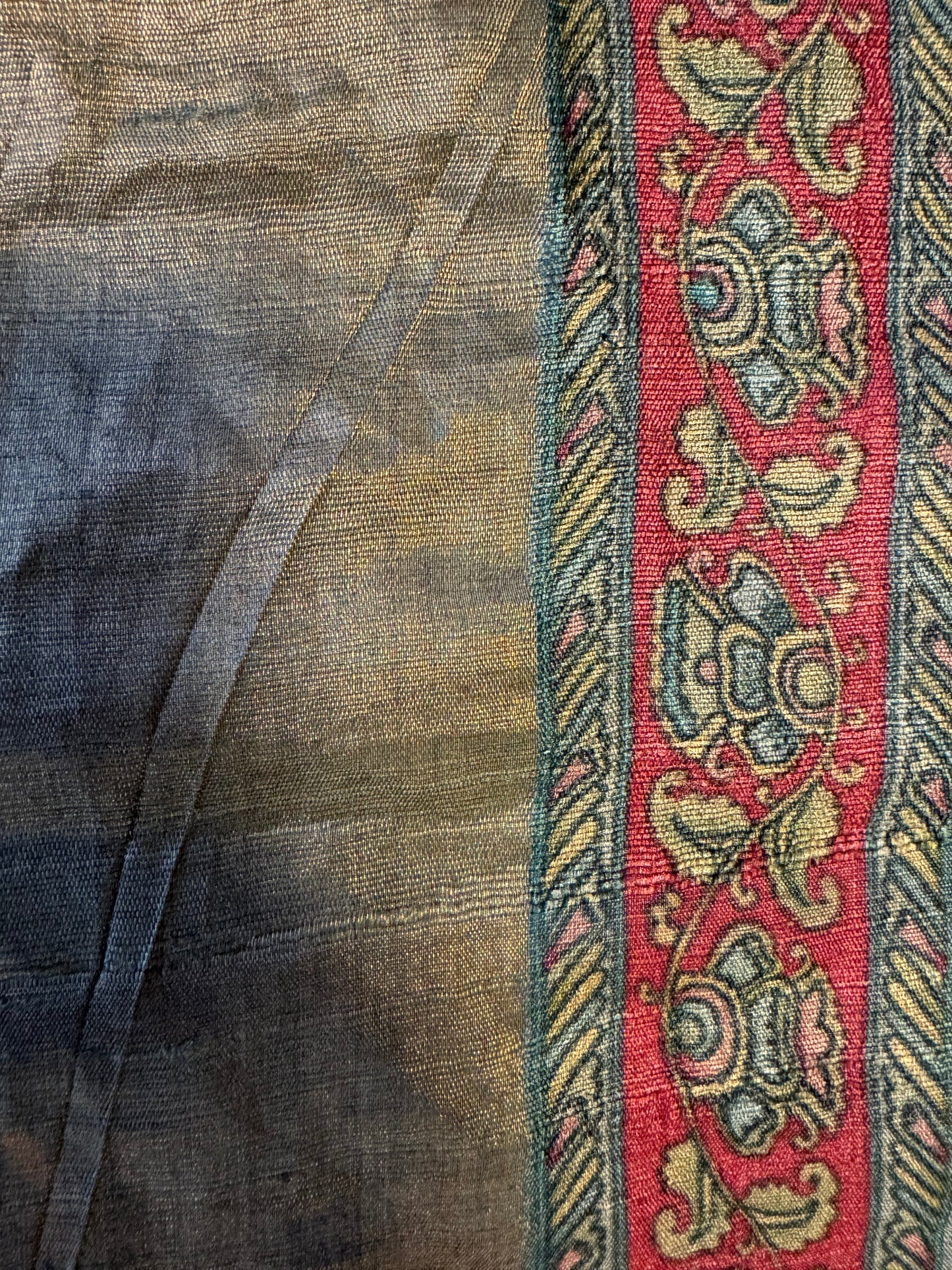 Handwoven pure Tussar Silk Kantha+Kalamkaari Saree