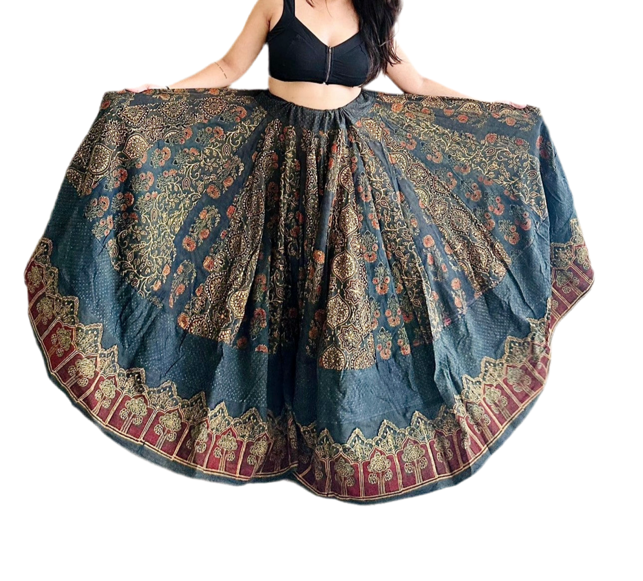 Long maxi Ghera Lehenga Skirts - Cotton Ajrakh handblock