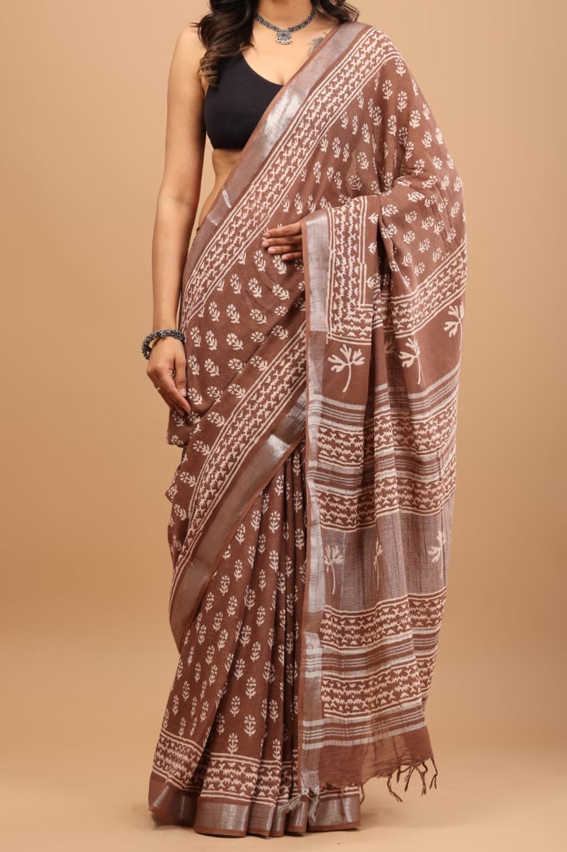Bagru Handblocked 100% Cotton Slub Saree with Natural Dyes