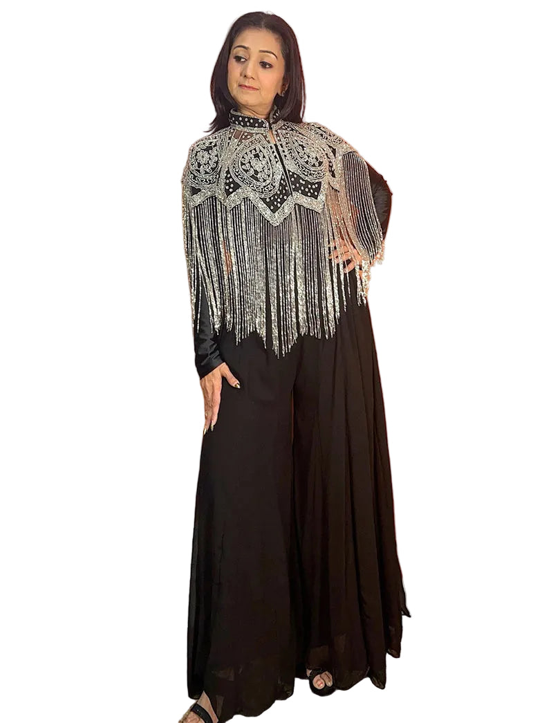 Handmade aari work Party Cape Black Silver