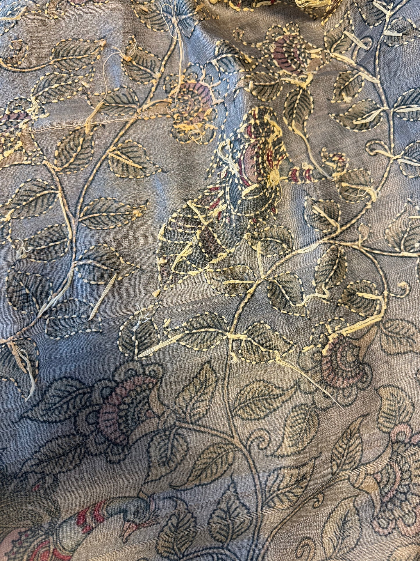 Handwoven pure Tussar Silk Kantha+Kalamkaari Saree
