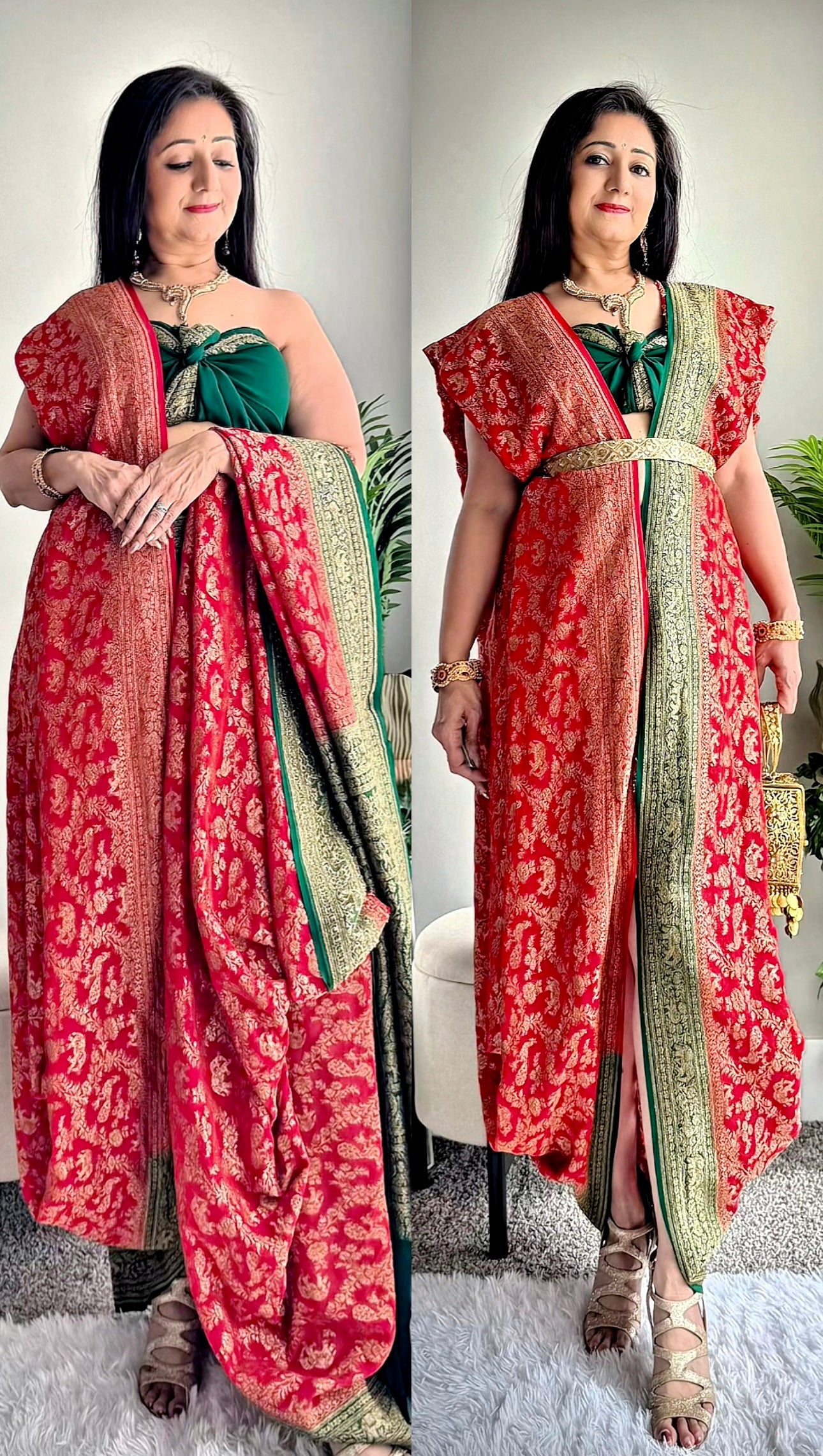 Handwoven pure Banarasi Khaddi Georgette Saree in Red & Green