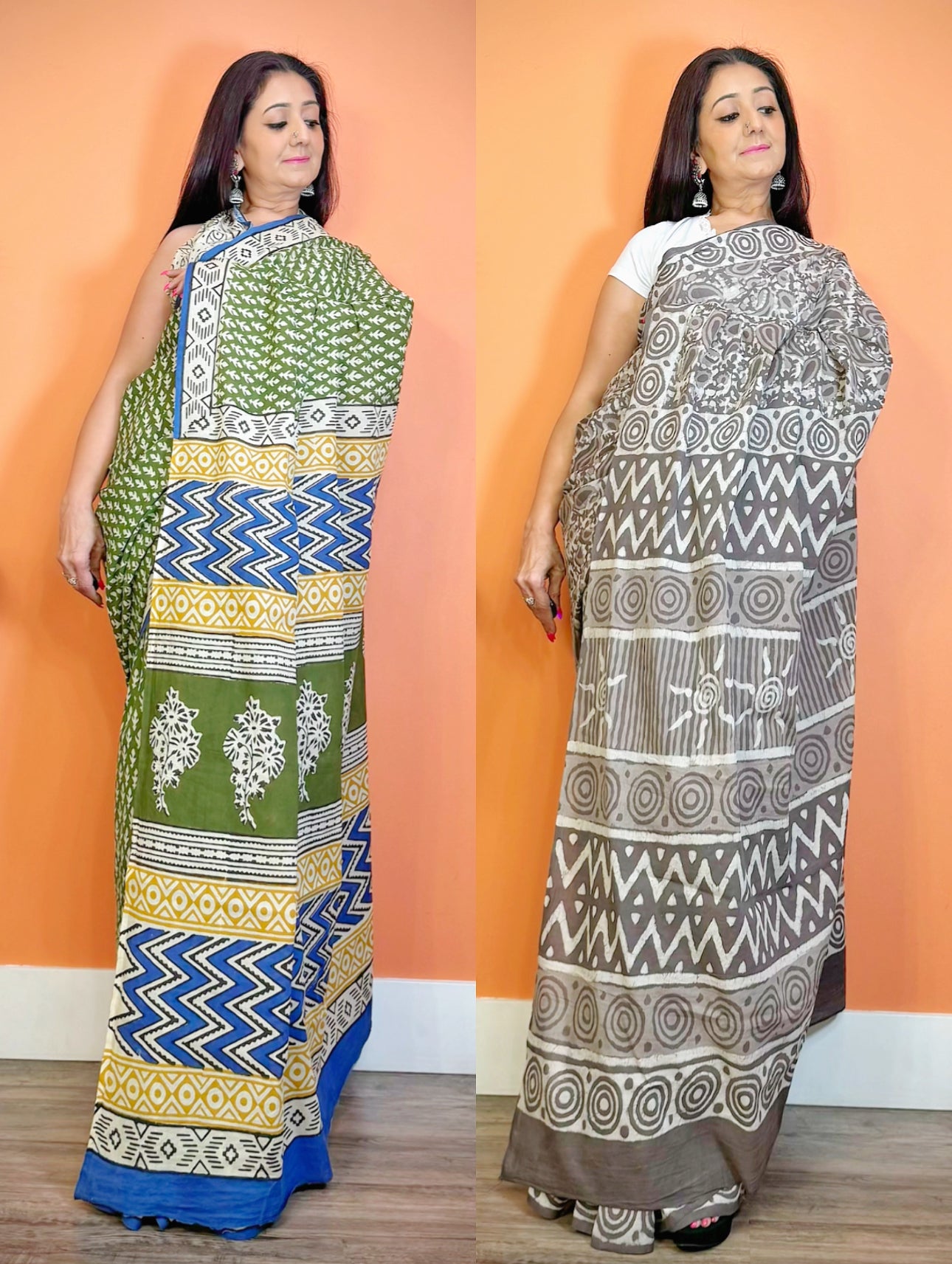 Ethnic Elegance:Mulmul Cotton Handblock Dabu Print Saree - Femantraa