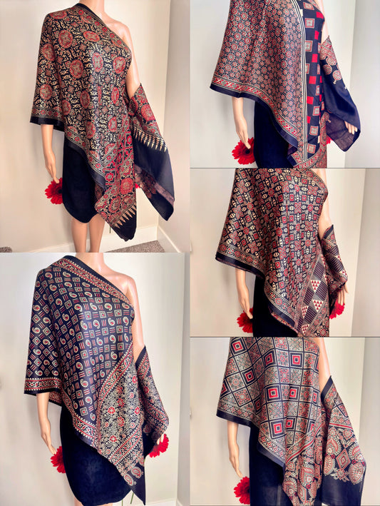 Ethnic Charm: Ajrakh Mashru Silk Stole (Black multi dye - 5 designs)
