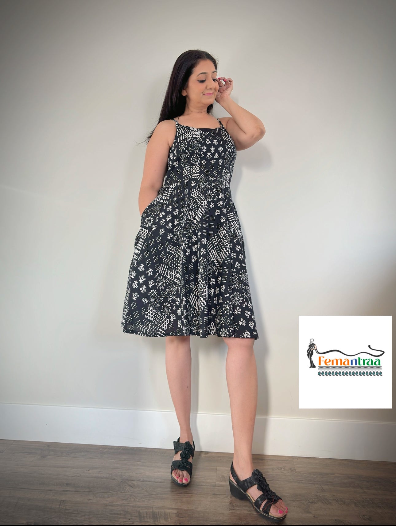 Boho chic:Cotton Handblock printed fit n flare summer short dress - Femantraa