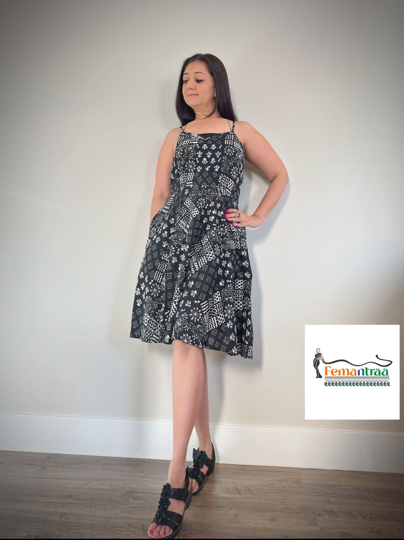 Boho chic:Cotton Handblock printed fit n flare summer short dress - Femantraa