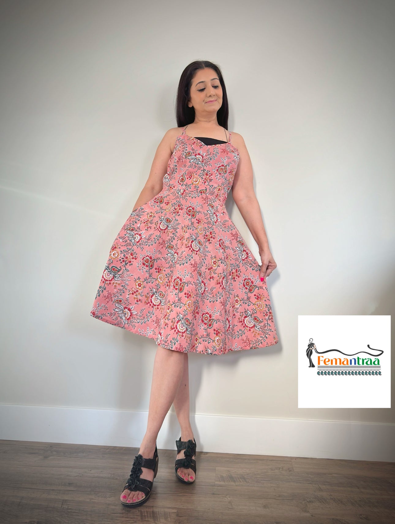 Boho chic:Cotton Handblock printed fit n flare summer short dress - Femantraa