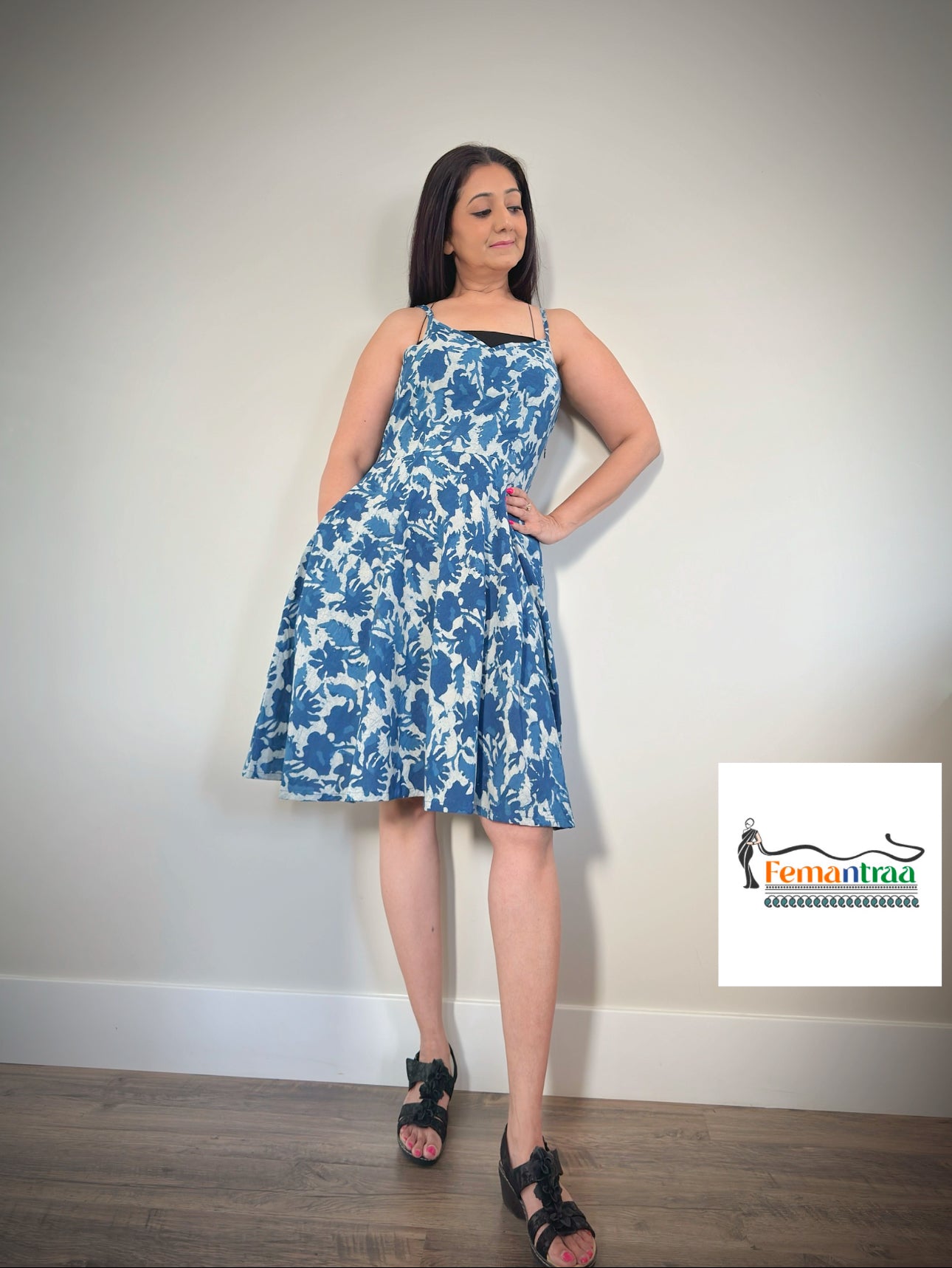 Boho chic:Cotton Handblock printed fit n flare summer short dress - Femantraa