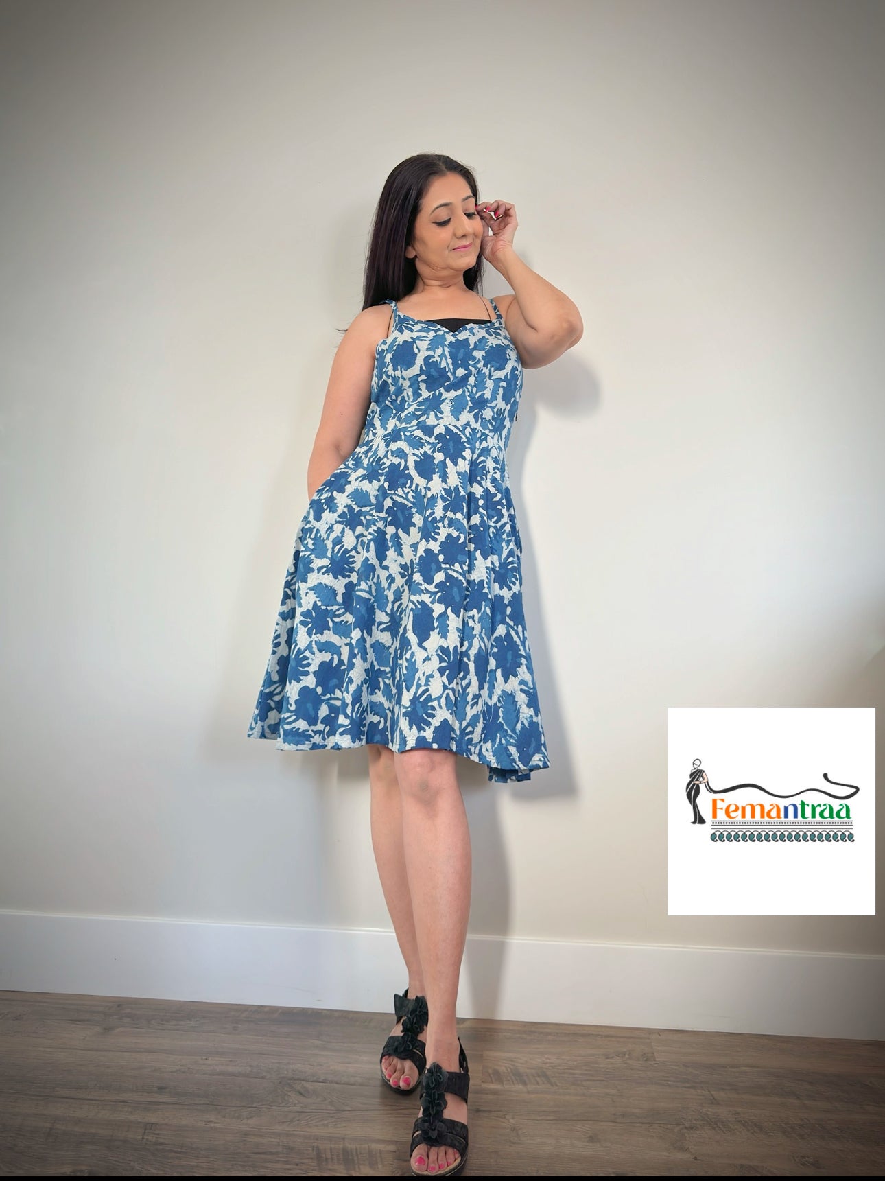 Boho chic:Cotton Handblock printed fit n flare summer short dress - Femantraa