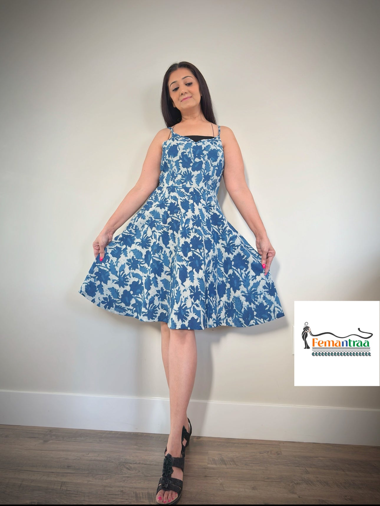 Boho chic:Cotton Handblock printed fit n flare summer short dress - Femantraa