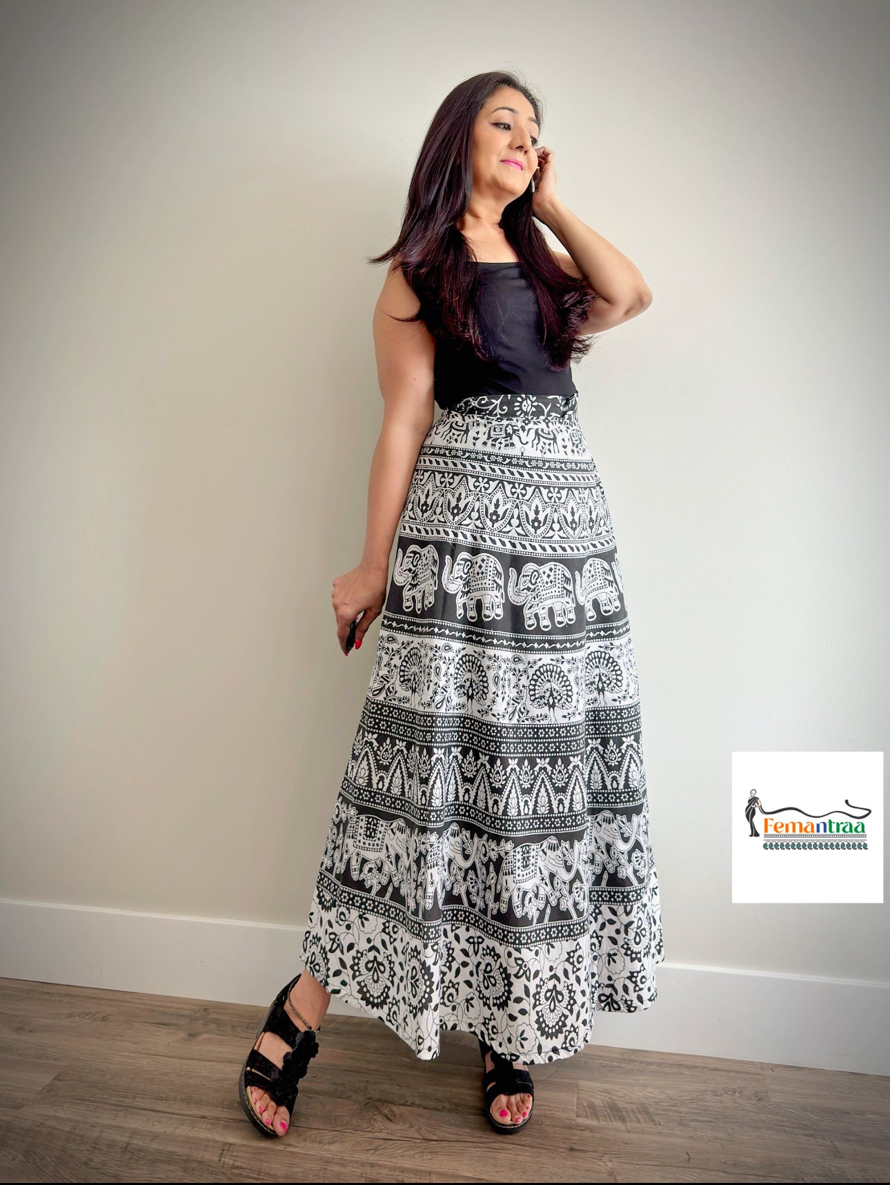 Bohemian Dream: Jaipuri Printed Wrap Around Skirts-Black's - Femantraa