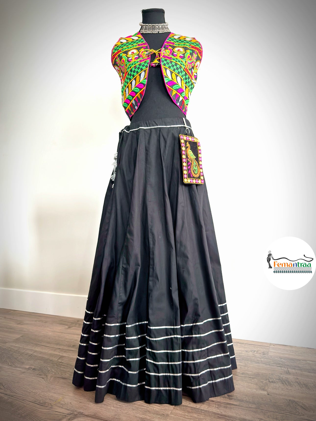 Cotton Flared Maxi Skirt with Kutch Work Crop Jacket & Mobile Pouch Set - Femantraa