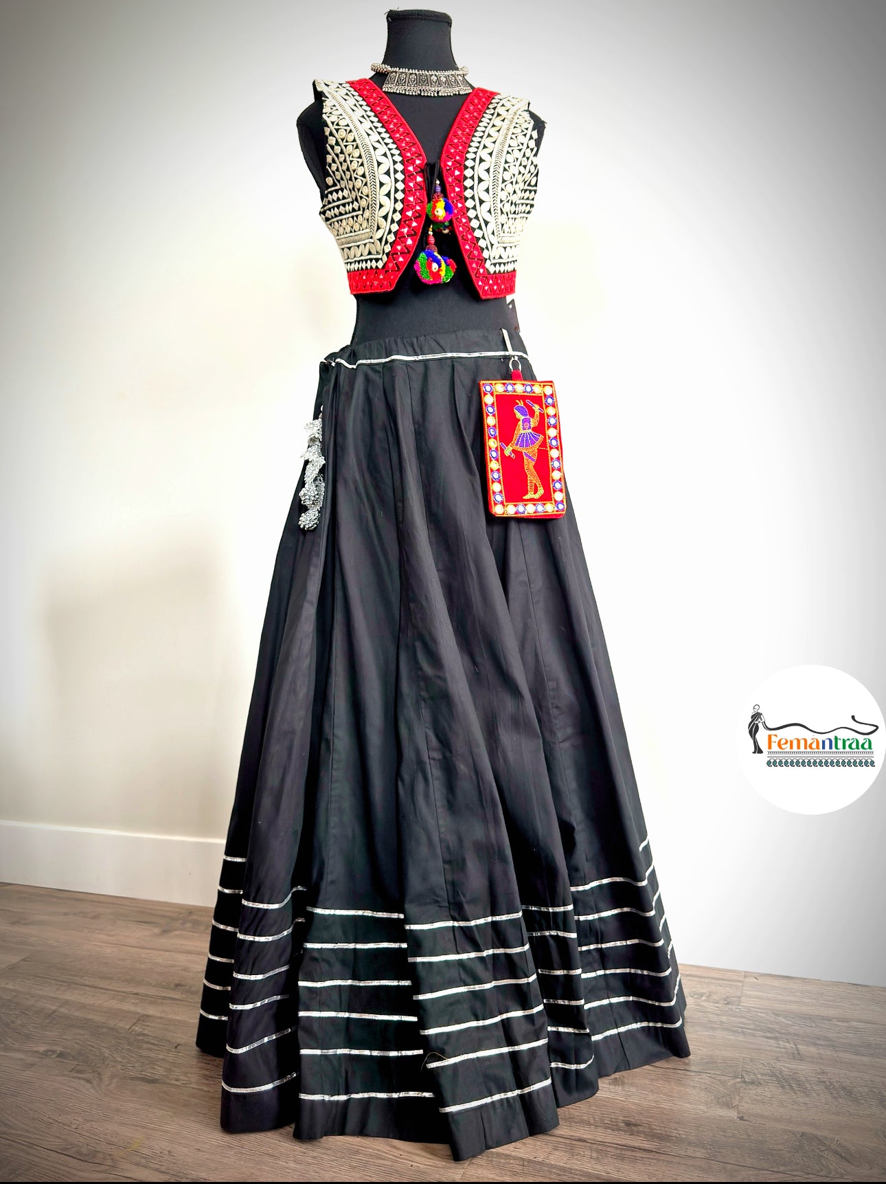 Cotton Flared Maxi Skirt with Kutch Work Crop Jacket & Mobile Pouch Set - Femantraa