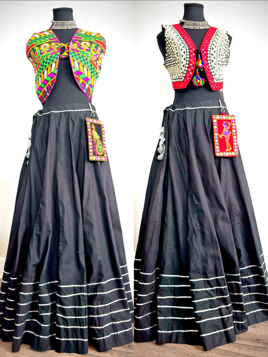 Cotton Flared Maxi Skirt with Kutch Work Crop Jacket & Mobile Pouch Set - Femantraa