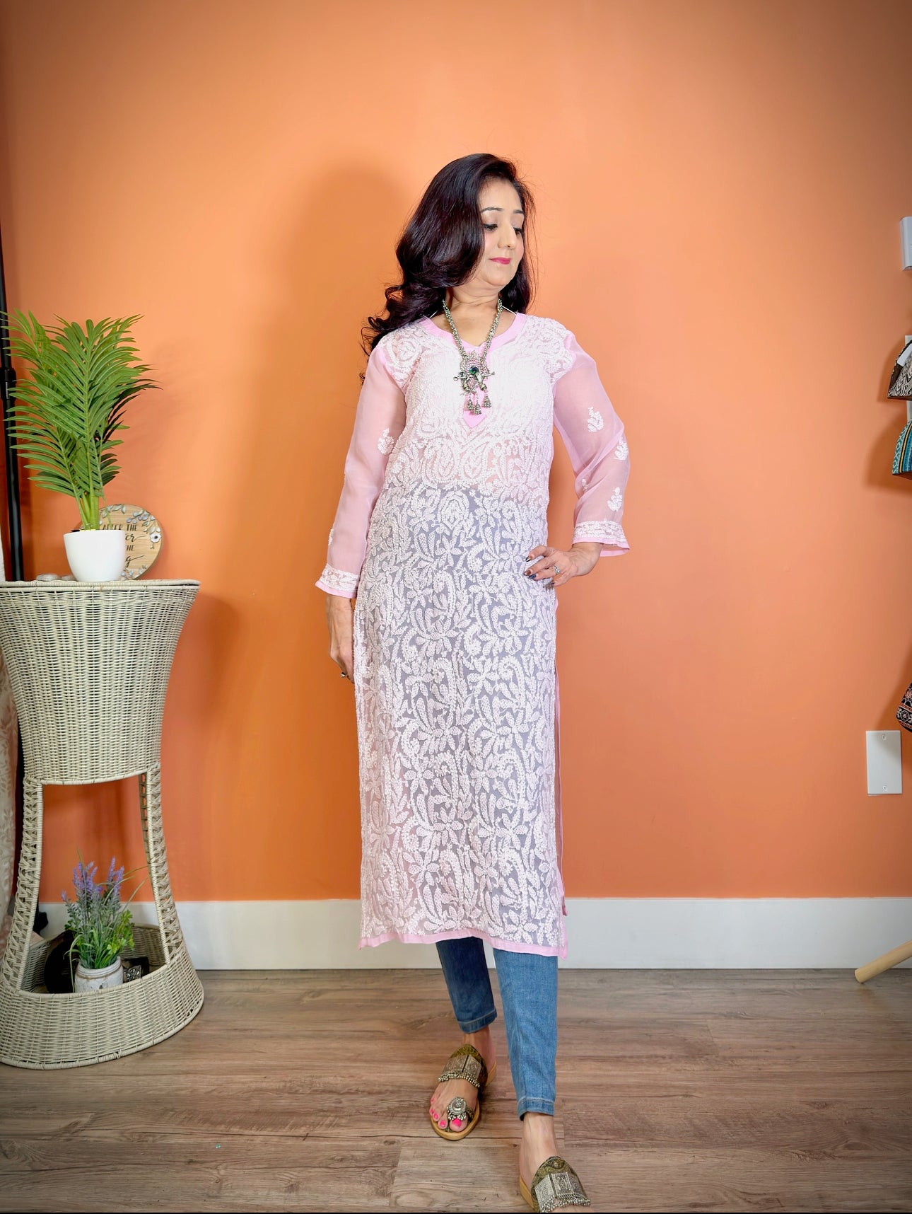 Lucknowi Chikankari Long Kurti (Tunic with slits)