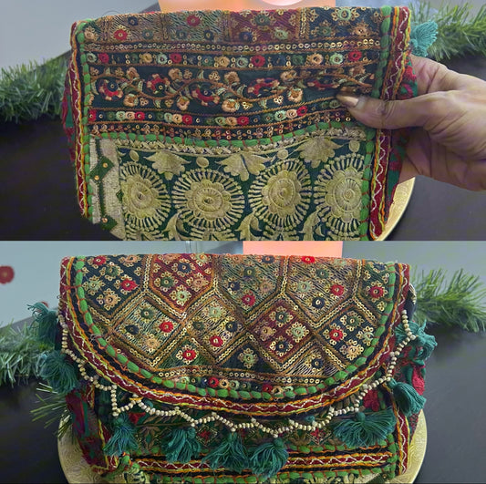 Colorful Vintage Patchwork Clutches with Hippie Coins: Boho Chic - Femantraa