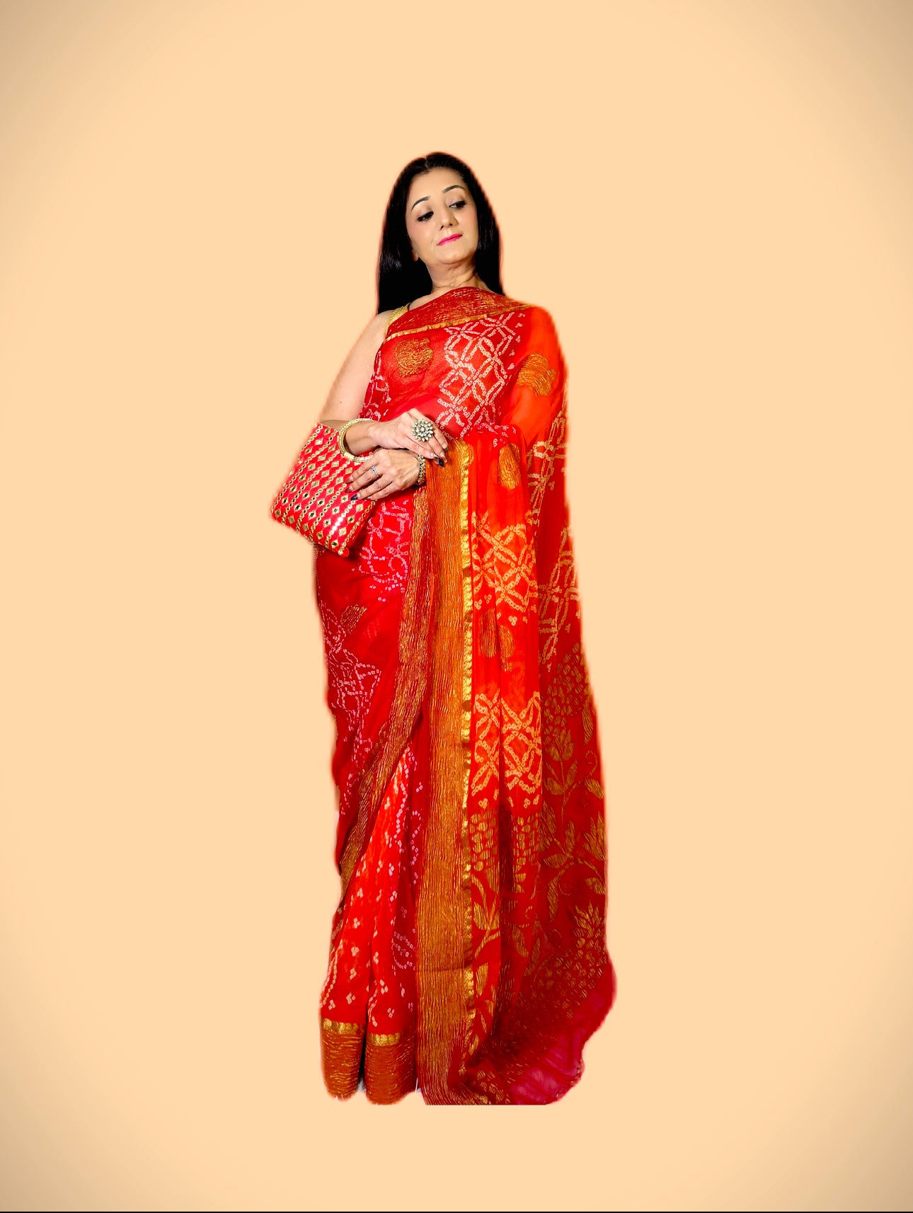 Dual shaded Red Orange Bandhini Zari Saree - Femantraa