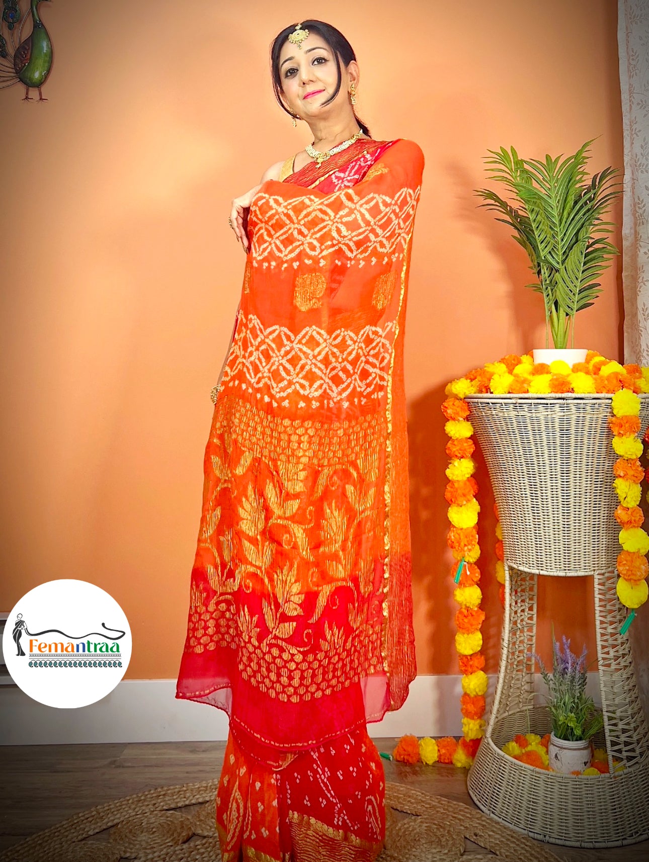 Dual shaded Red Orange Bandhini Zari Saree - Femantraa