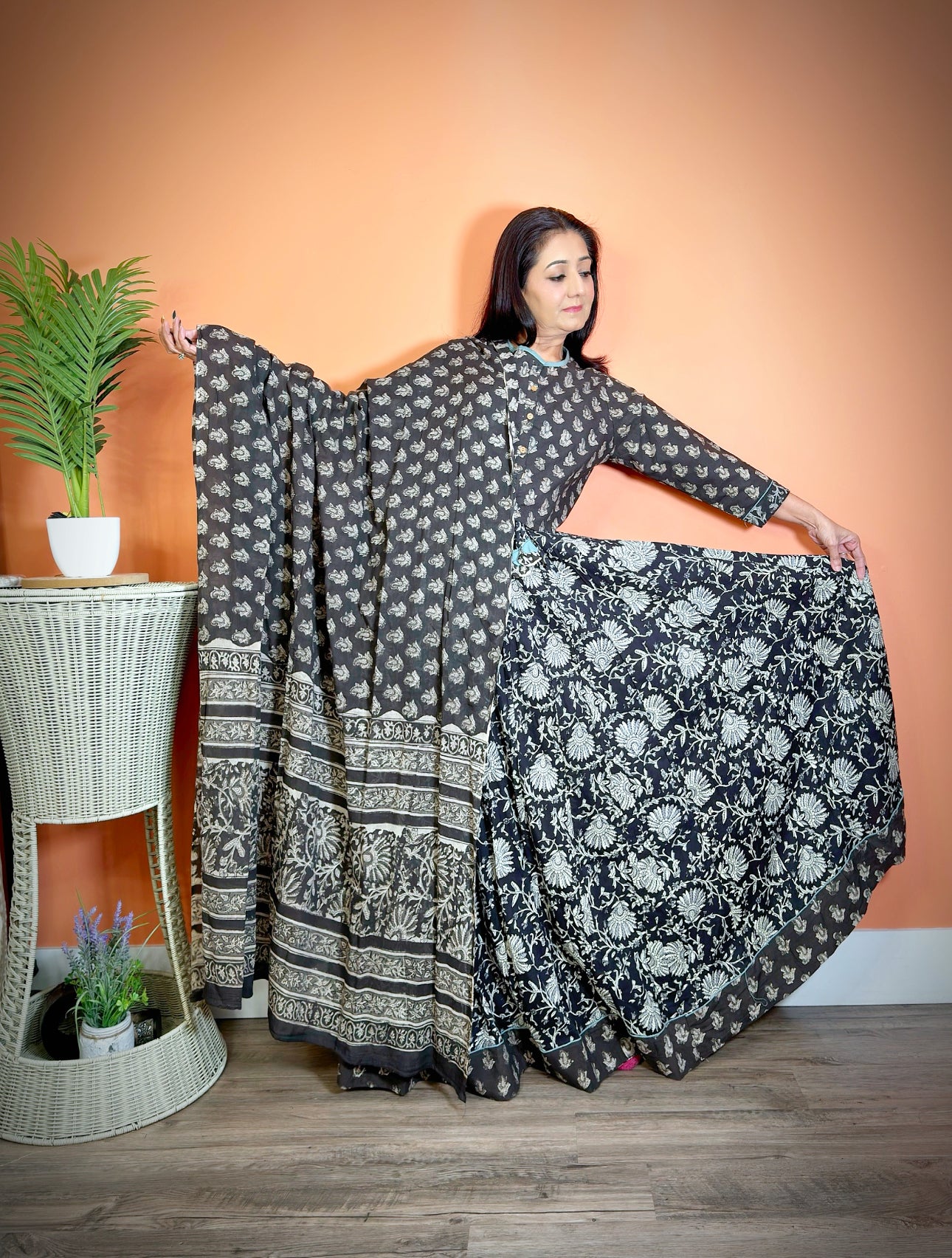 Black Cotton Mulmul Sanganeri Lehenga Set - Femantraa