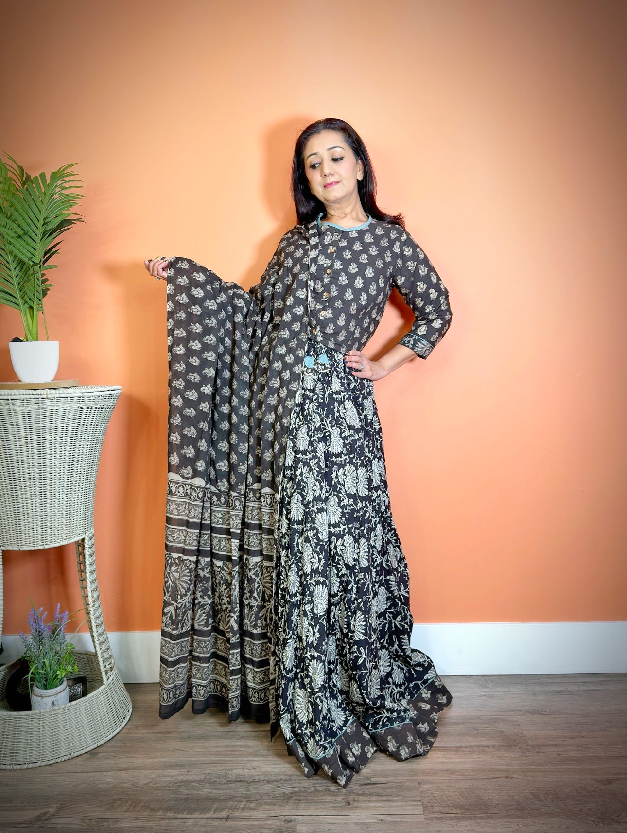 Black Cotton Mulmul Sanganeri Lehenga Set - Femantraa