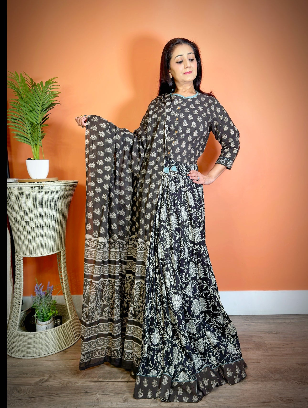 Black Cotton Mulmul Sanganeri Lehenga Set - Femantraa
