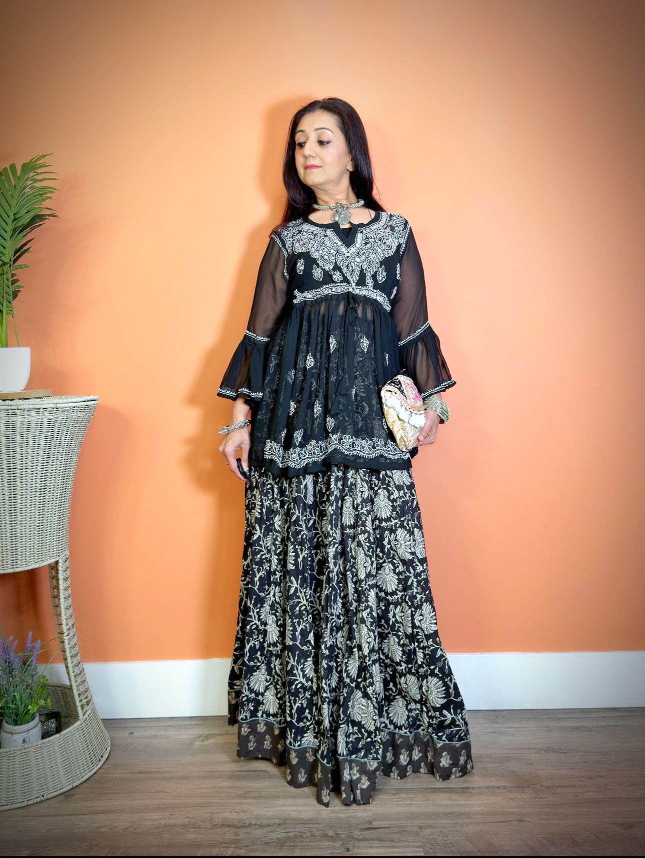 Black Cotton Mulmul Sanganeri Lehenga Set - Femantraa