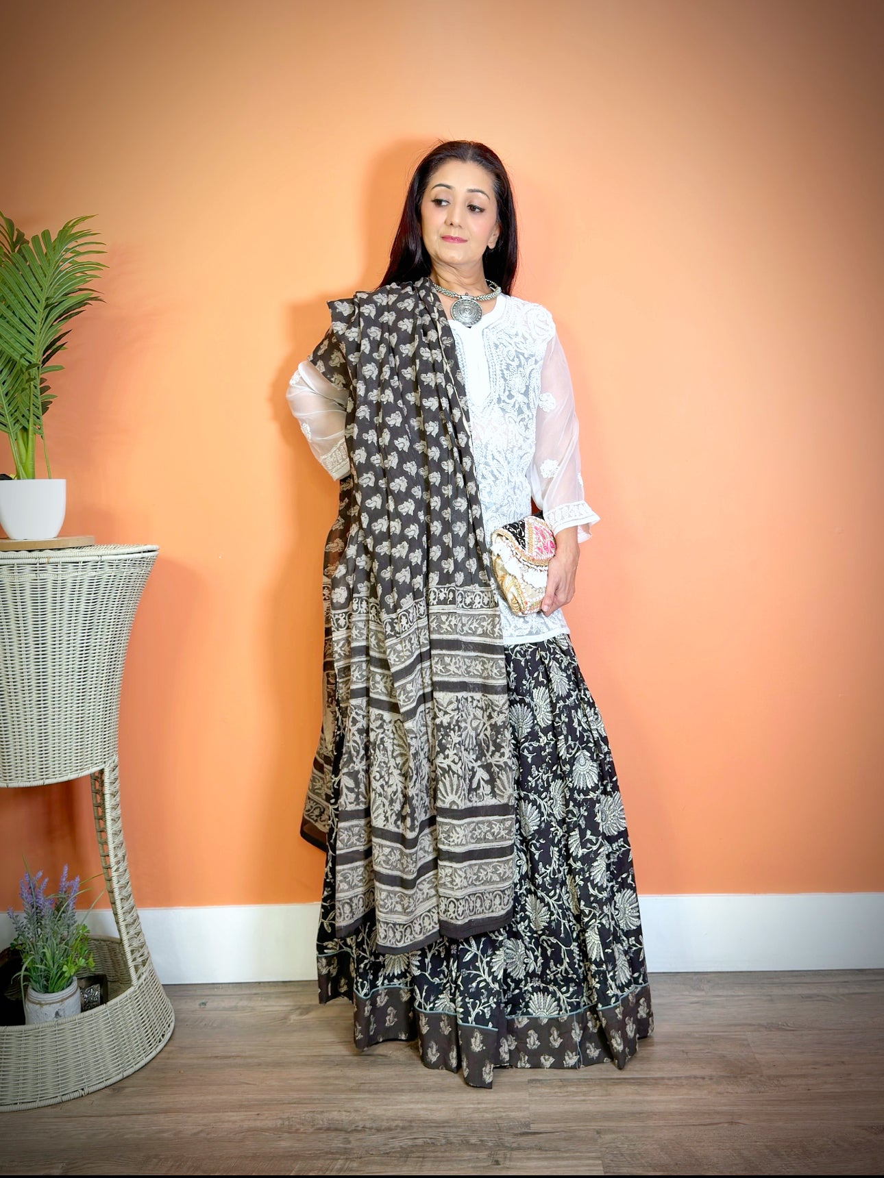 Black Cotton Mulmul Sanganeri Lehenga Set - Femantraa
