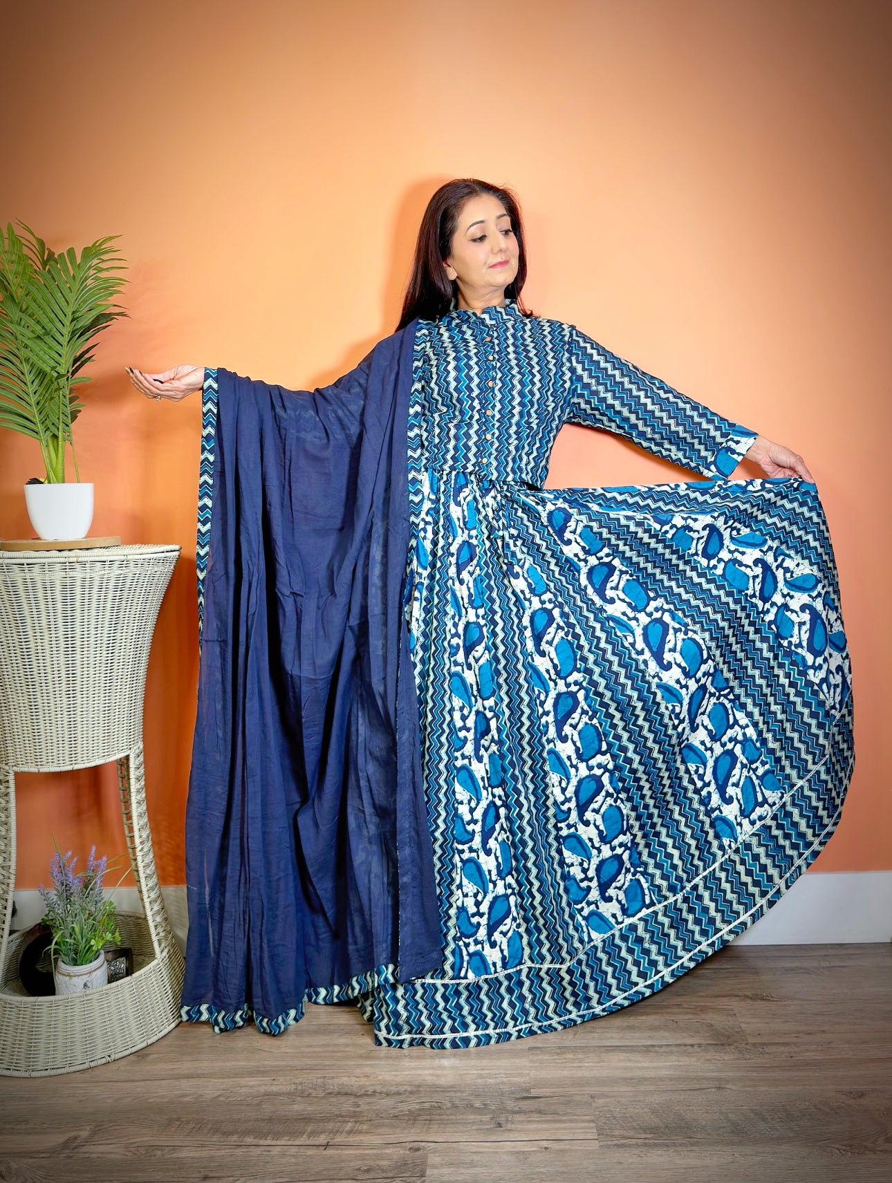 Blue Cotton Mulmul Sanganeri Lehenga Set - Femantraa