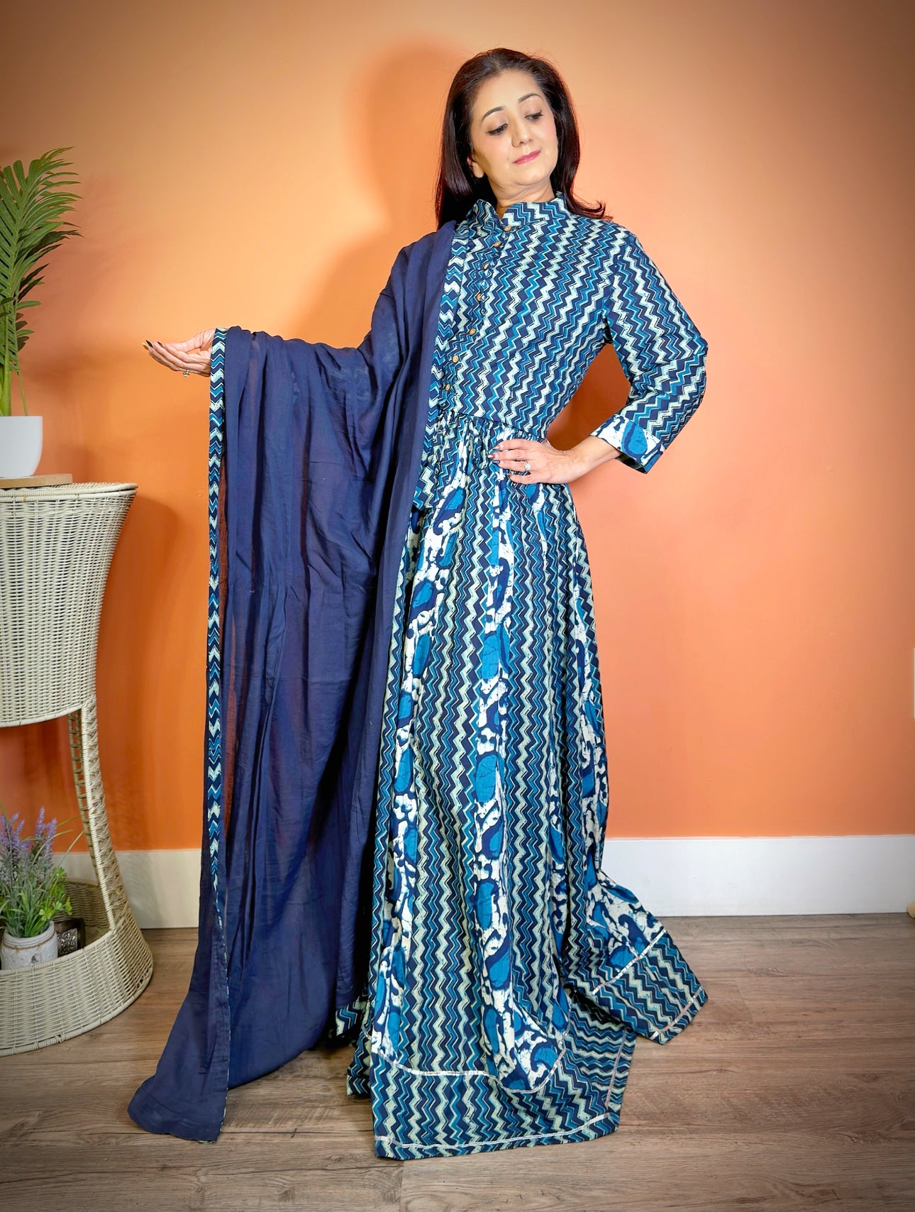 Blue Cotton Mulmul Sanganeri Lehenga Set - Femantraa