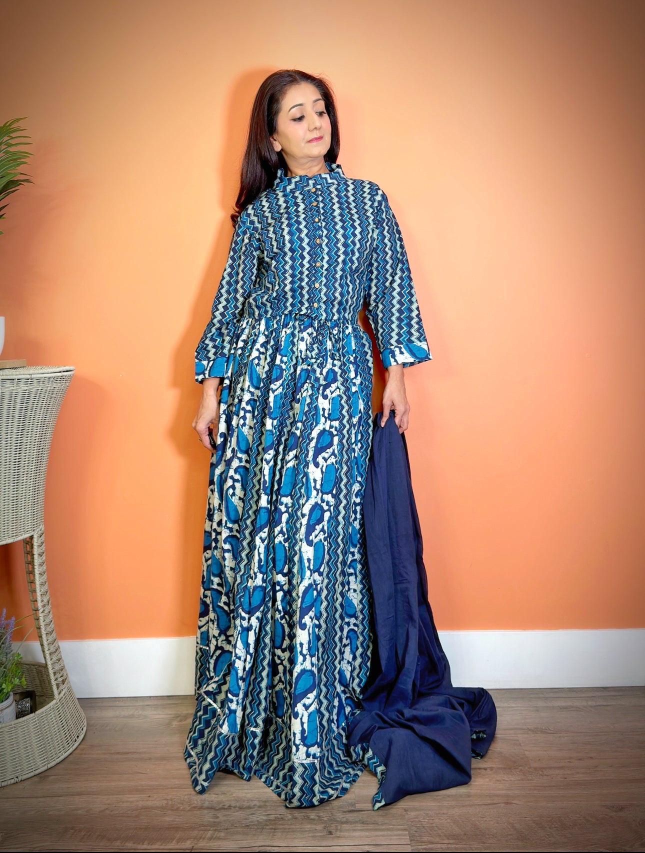 Blue Cotton Mulmul Sanganeri Lehenga Set - Femantraa