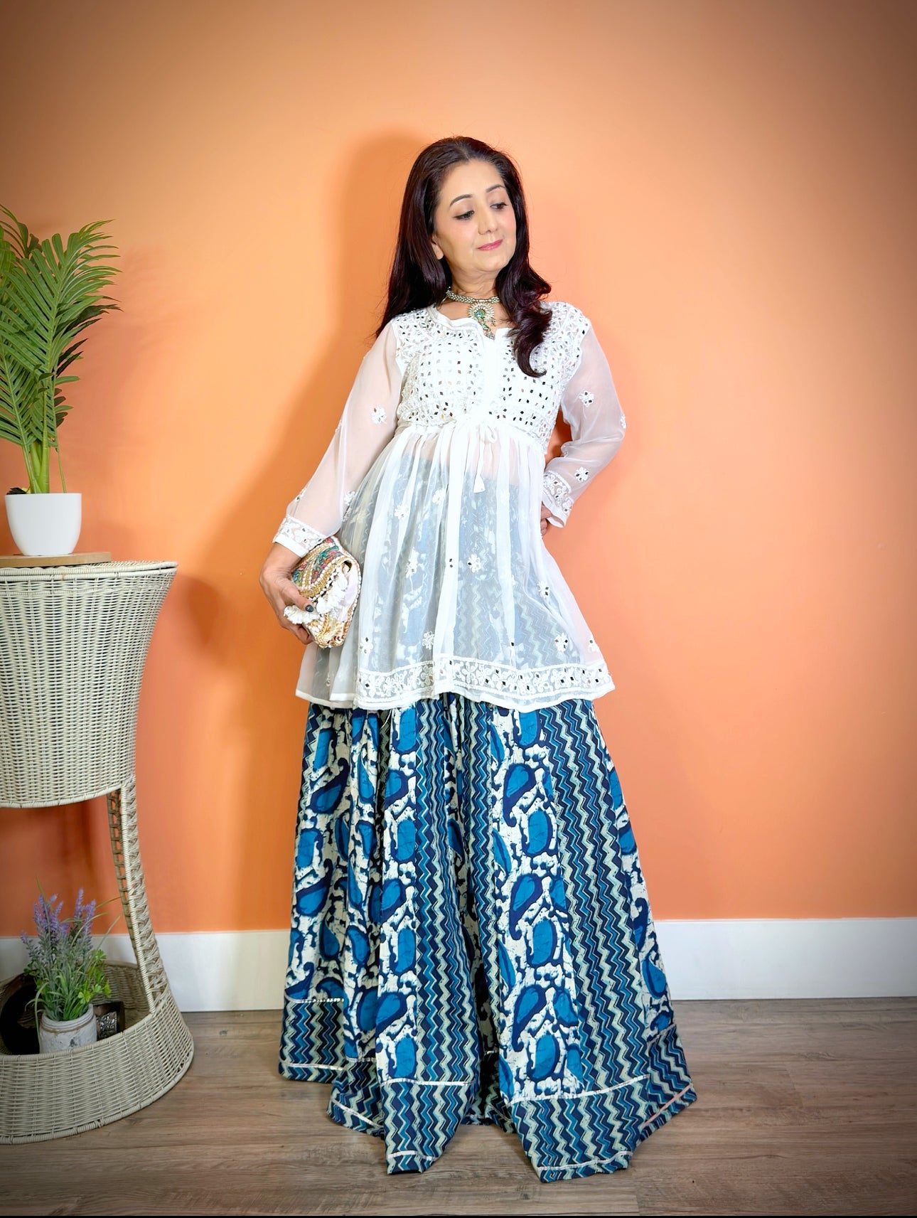 Blue Cotton Mulmul Sanganeri Lehenga Set - Femantraa