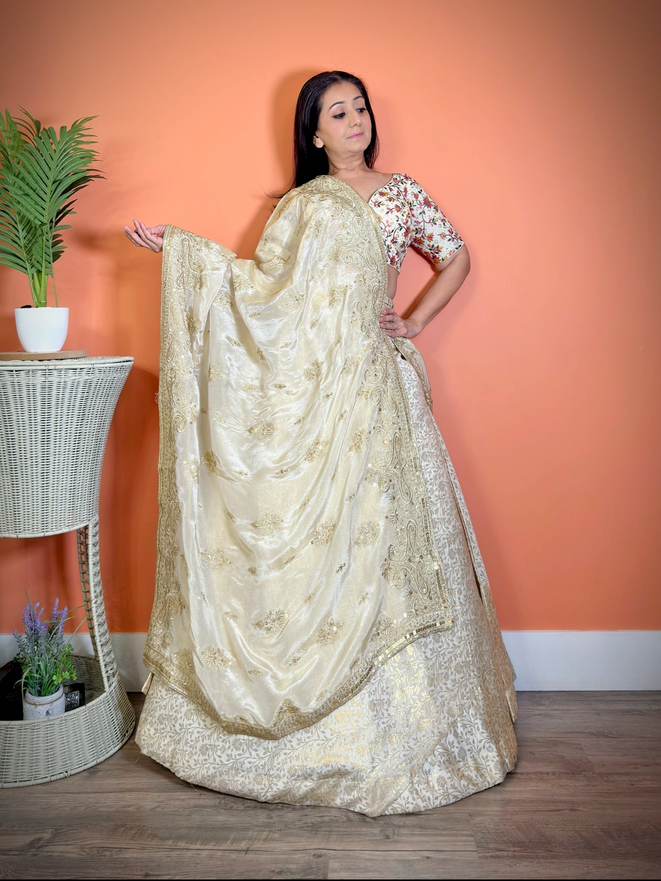 Golden embroidered lehenga set with pure chanderi silk dupatta - Femantraa