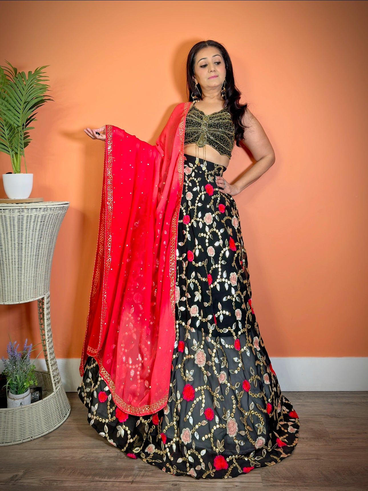 Lightweight Black Rose embroidery Lehenga Set with Leheriya dupatta - Femantraa