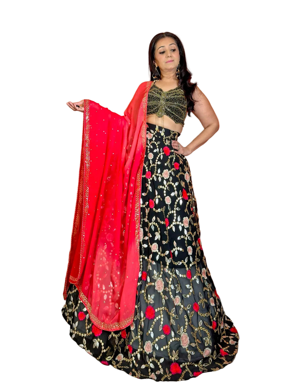 Lightweight Black Rose embroidery Lehenga Set with Leheriya dupatta - Femantraa