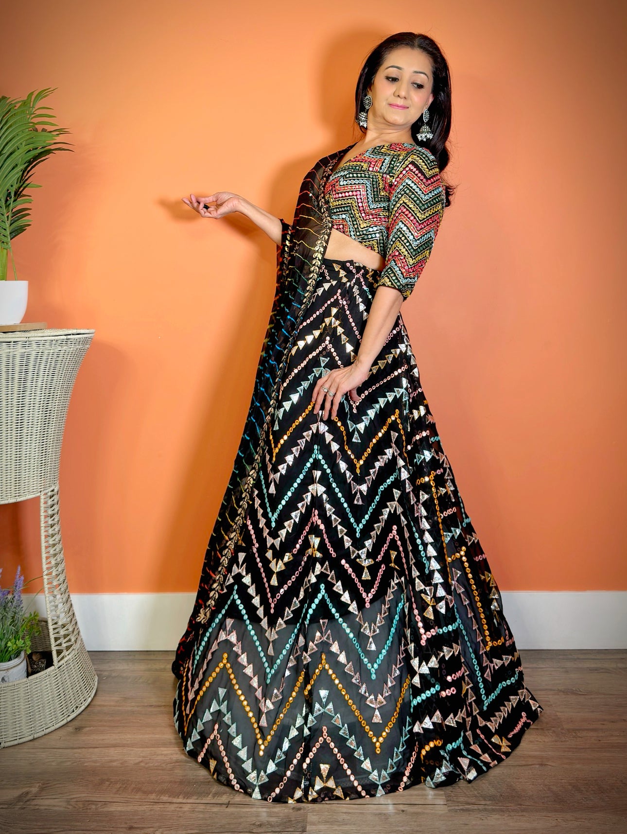 Lightweight Black Embroidered Lehenga Set with Leheriya dupatta - Femantraa