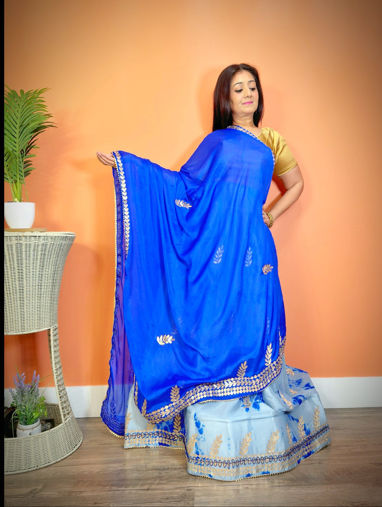 Elegant Blue Chinnon Silk Shibori Gota Patti Lehenga Set - Femantraa