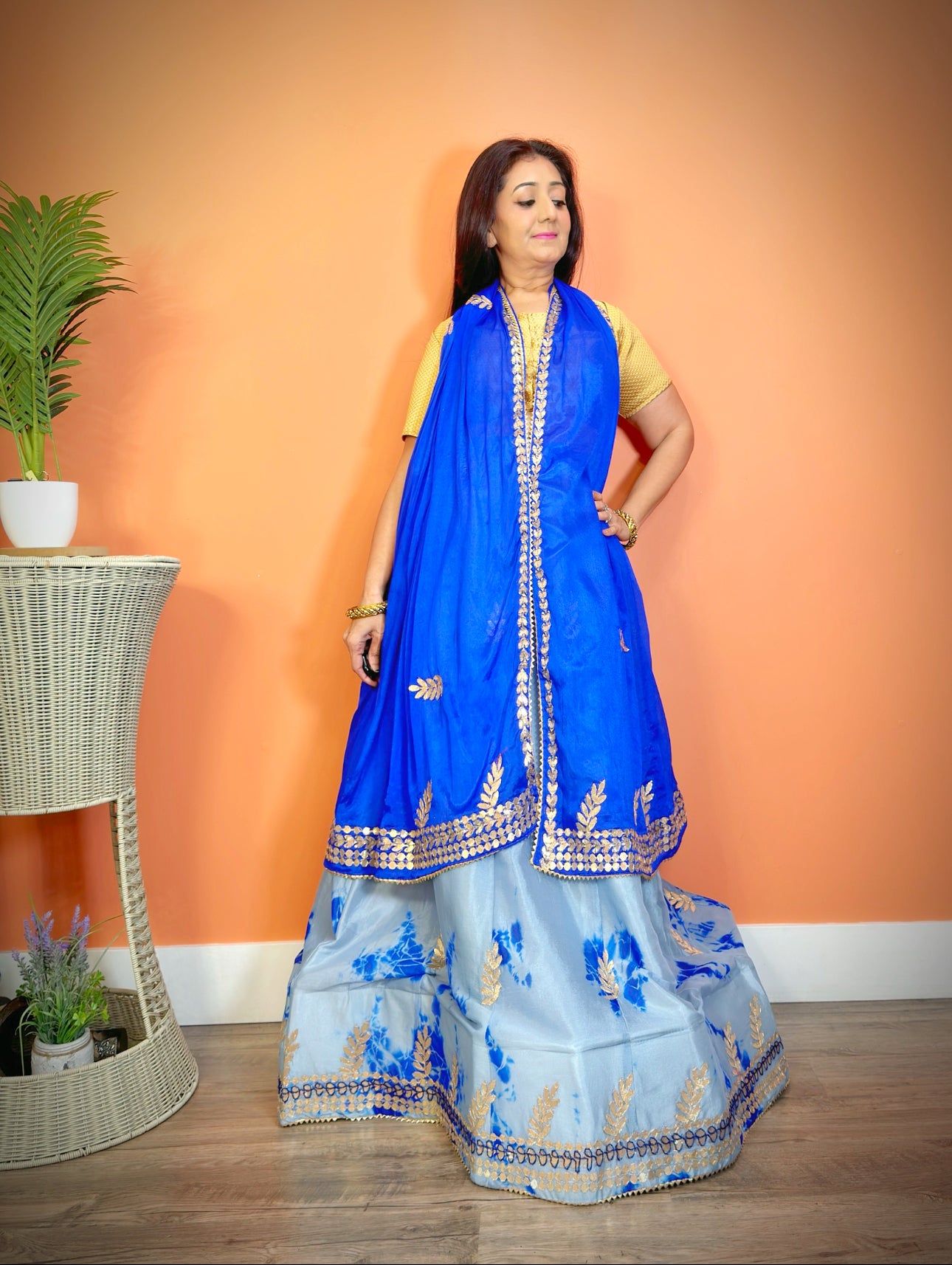 Elegant Blue Chinnon Silk Shibori Gota Patti Lehenga Set - Femantraa