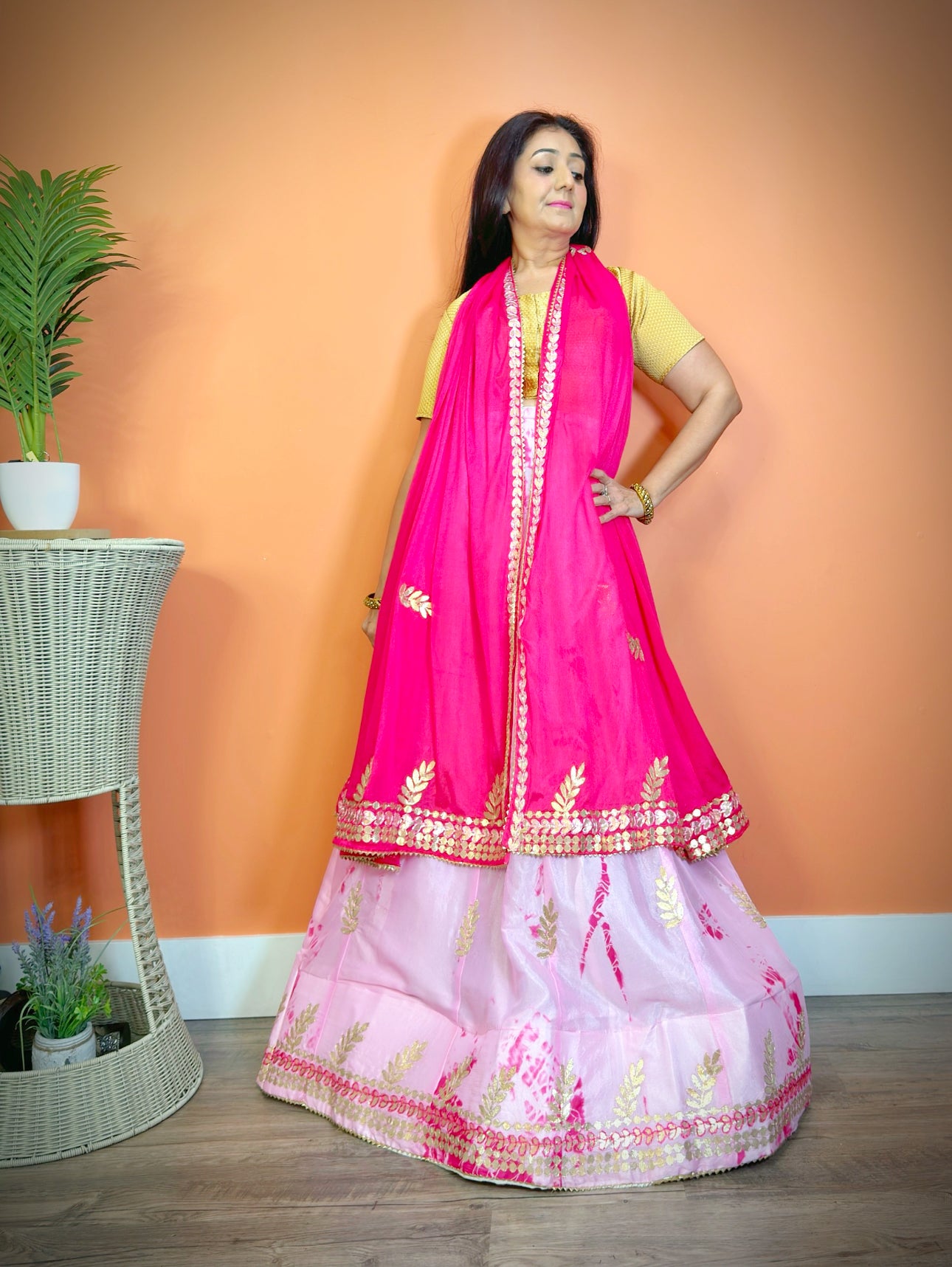 Elegant Pink Chinnon Silk Shibori Gota Patti Lehenga Set - Femantraa