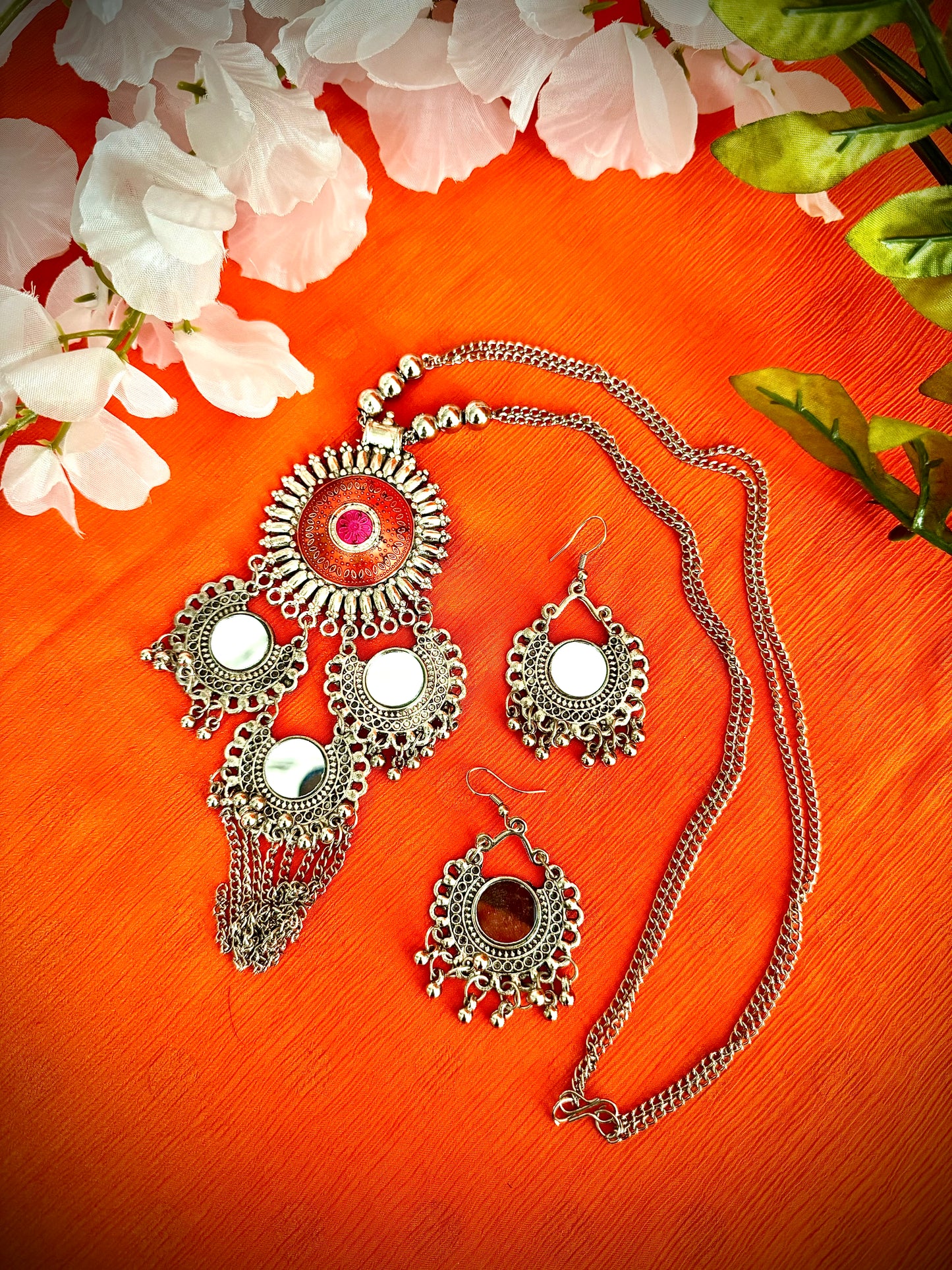 Artistic Oxidized Long Mirror adorned Necklace sets - Femantraa