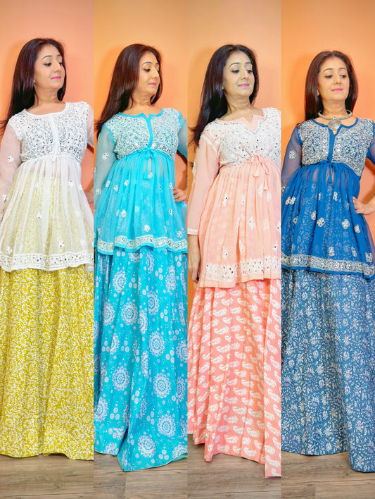 Jaadugiri sets - Peplum chikankari top and handblock Skirt pair - Femantraa